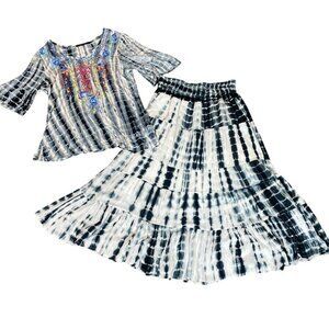 Calessa 2-Pc Top & Skirt BOHO Tie Dye Embroidered Flowers Sz L 152H